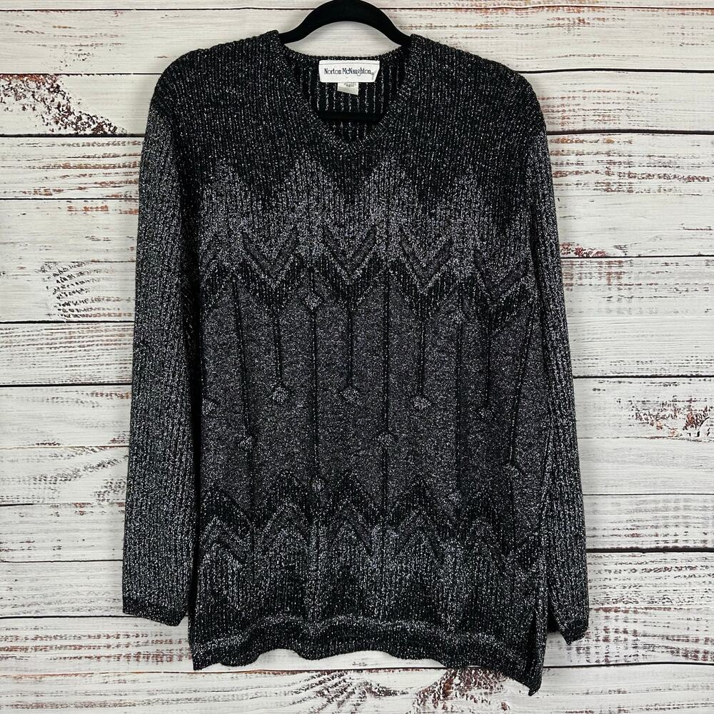 VTG Norton McNaughton Black Silver Tunic Sweater Metallic Holiday Party Womens L